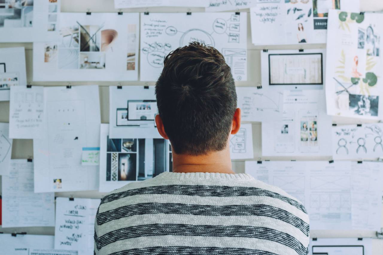guy, man, people, back, wall, papers, work, working, business, bulletin board, thinking, hair, sweater, sketch, mockups, student
, 