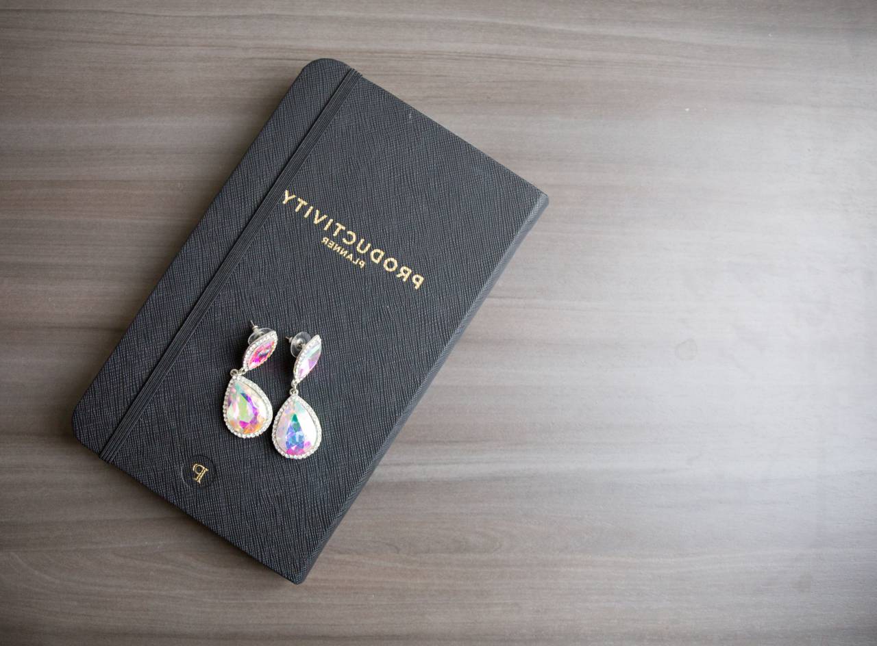 journal, pen, desk, flat lay, notebook, paper, note, top, view, wooden, desktop, diary, objects, closed, earrings, jewelry
, 
