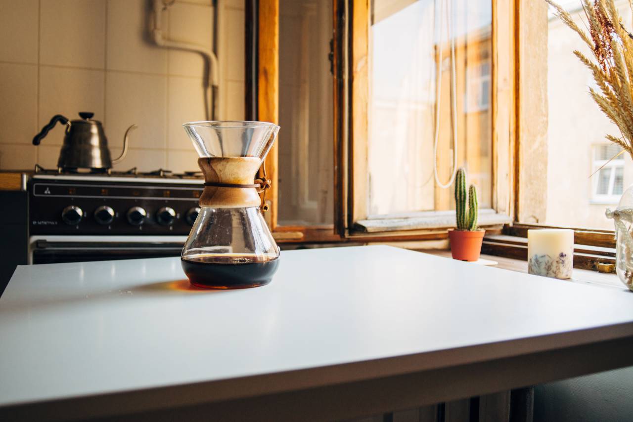 cocina, estufa, olla, café, mesa,