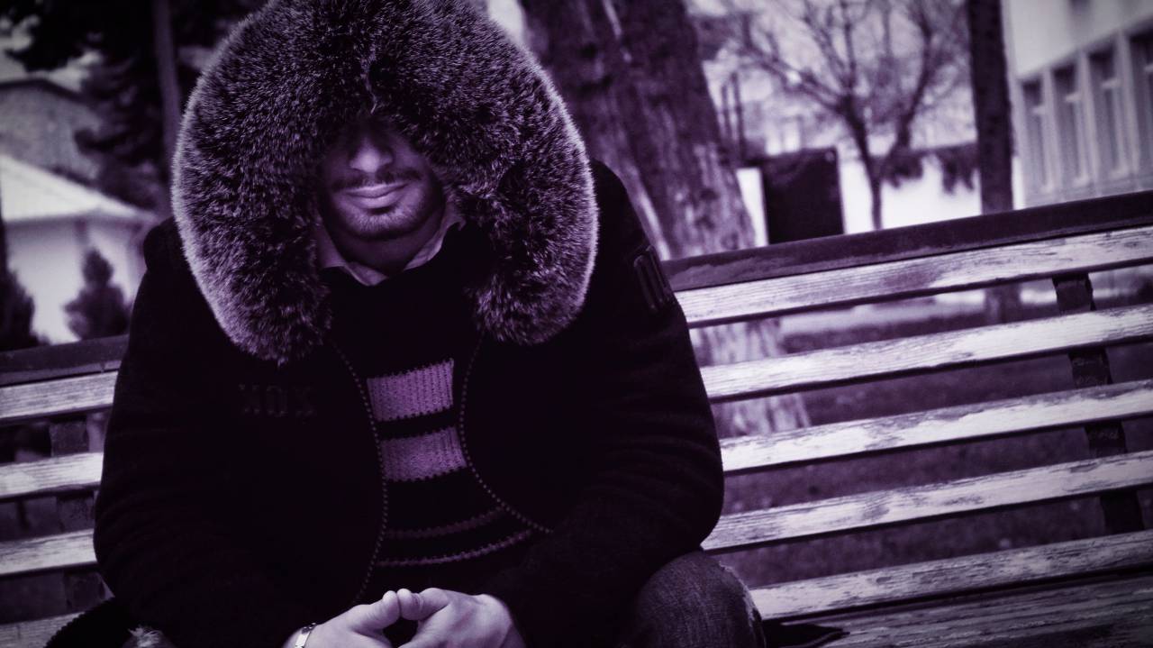 man, guy, alone, people, jacket, bench, chair, winter, cold, sitting, trees, trunk, outdoor, building
, 