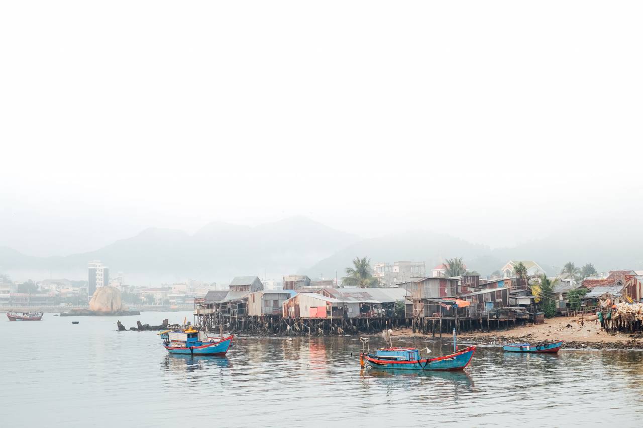nature, landscape, water, ocean, sea, boat, household, slum, fog, mountain
, 