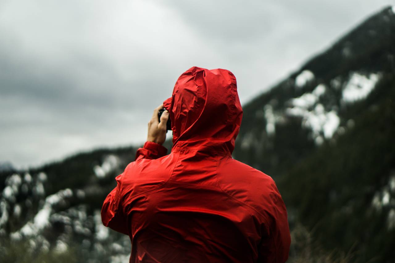 people, man, red, raincoat, outdoor, nature, sky, blur
, 