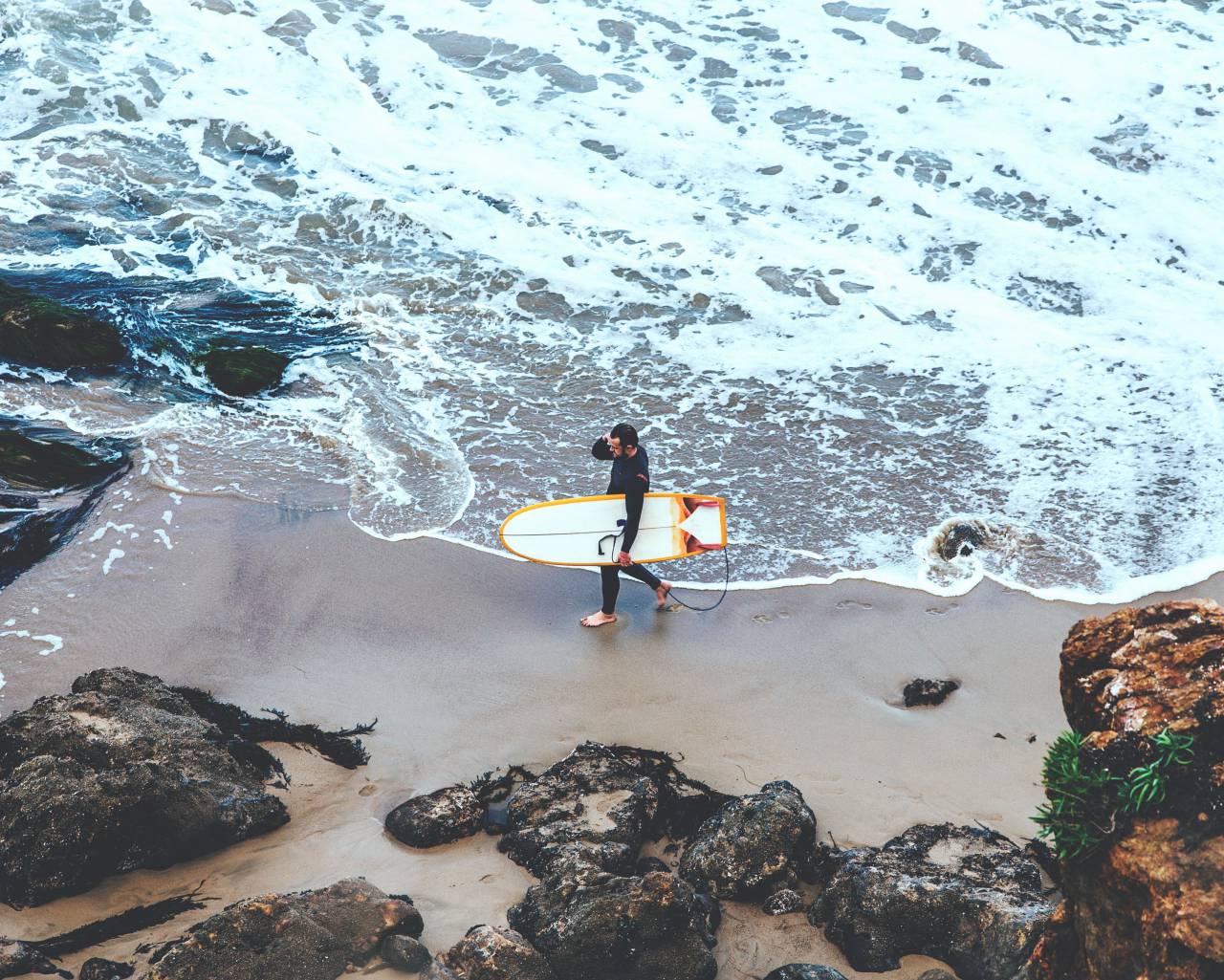 people, man, surf, waves, ocean, sea, beach, vacation, adventure, aerial, rocks, sand
, 