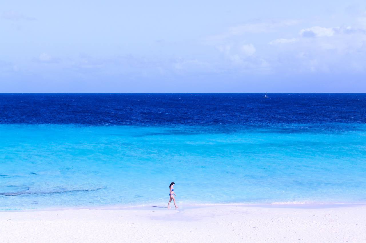 people, woman, alone, swimsuit, bikini, water, ocean, sea, beach, blue, sand, clouds, sky, travel, adventure, trip, vacation
, 