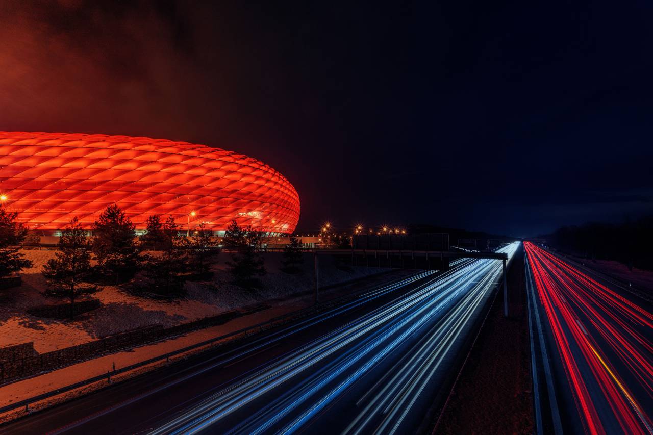 fútbol, estadio, noche, autobahn, autopista, luces, rojo, bayern, fútbol,
