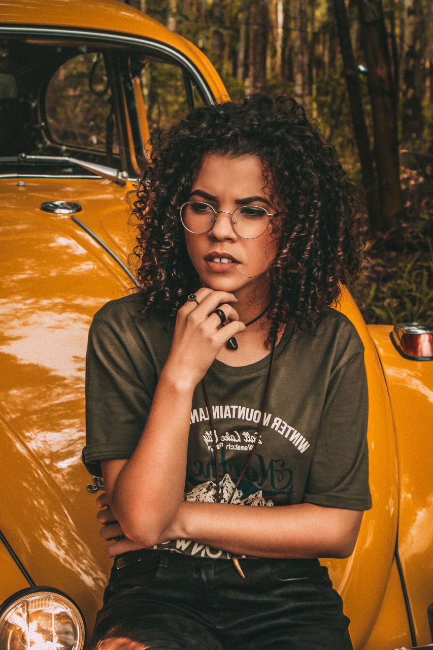 yellow, vintage, car, people, girl, curly, hair, fashion, model
, 