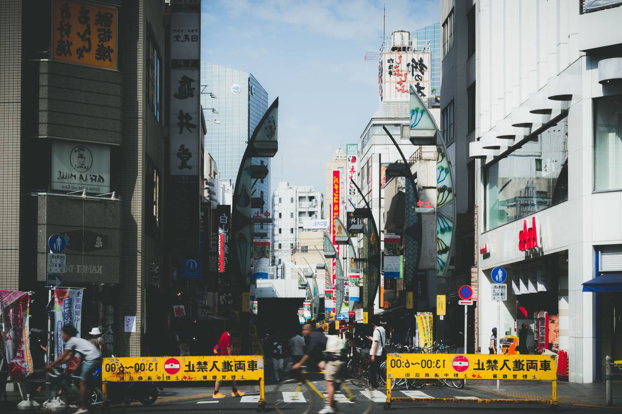 architecture, building, infrastructure, blue, sky, skyscraper, tower, city, skyline, asian, people, walking, pedestrian, crossing, japan, travel
, 