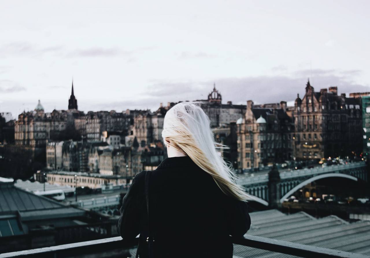 architecture, building, infrastructure, skyscraper, tower, skyline, city, urban, view, people, girl, woman, alone, sad
, 