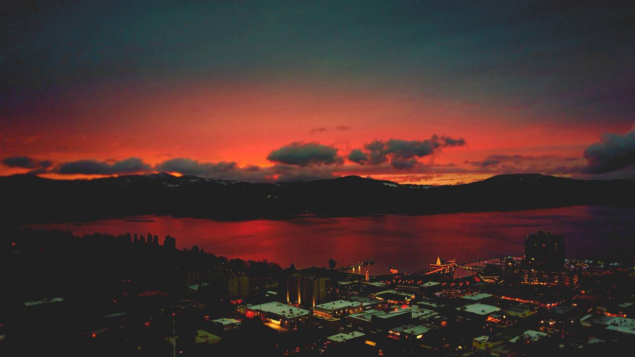 city, water, sunset, dusk, reflection, aerial, view, buildings, cityscape, light, sun, clouds, sky, night, urban
, 