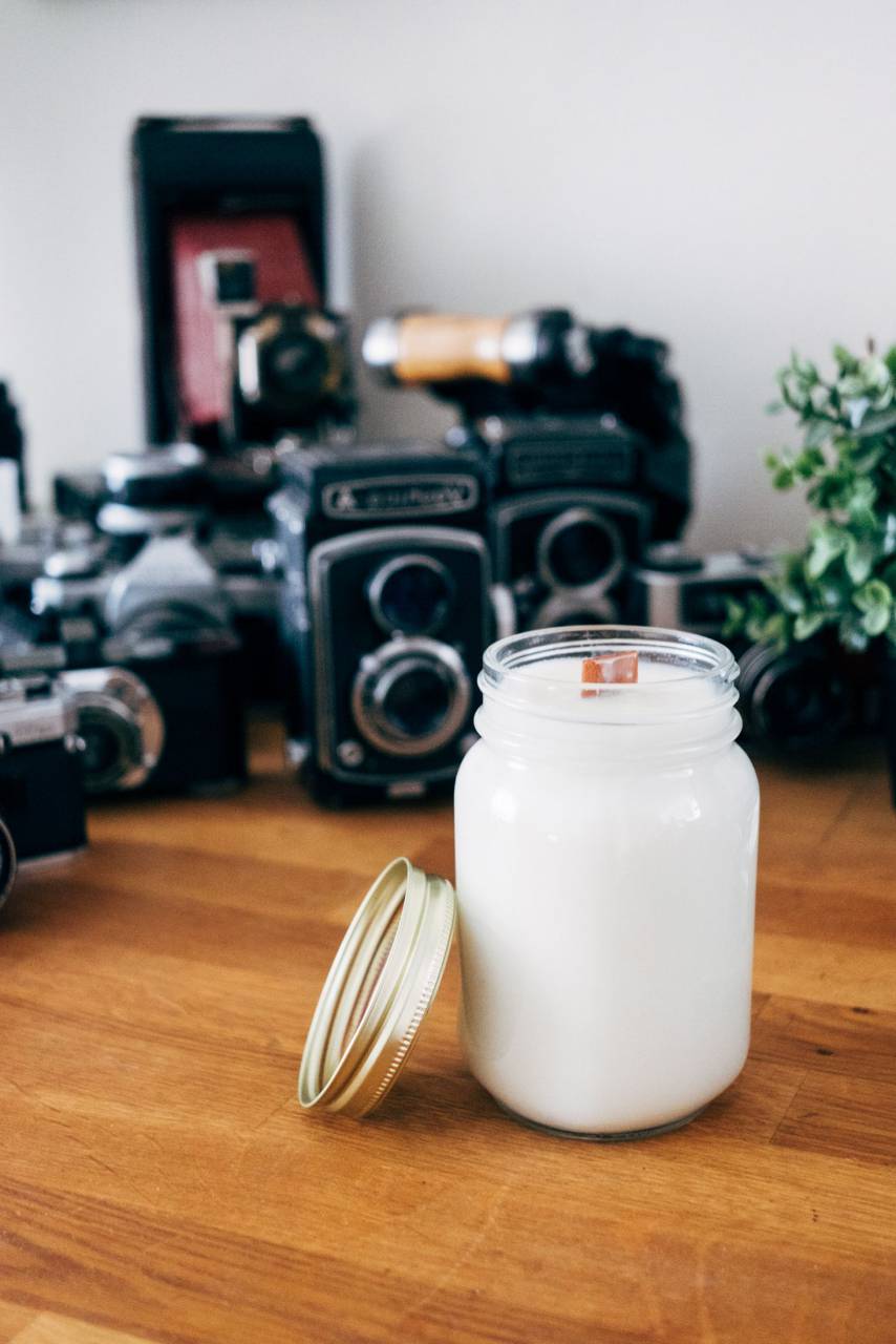 clear, jar, candle, white, burn, flame, fire, camera, technology, vintage, antique, table, desk, photographer, photography, creative
, 