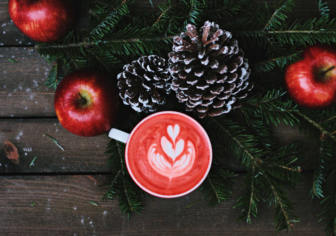 coffe, latte, art, froth, red, apple, christmas, holiday
, 