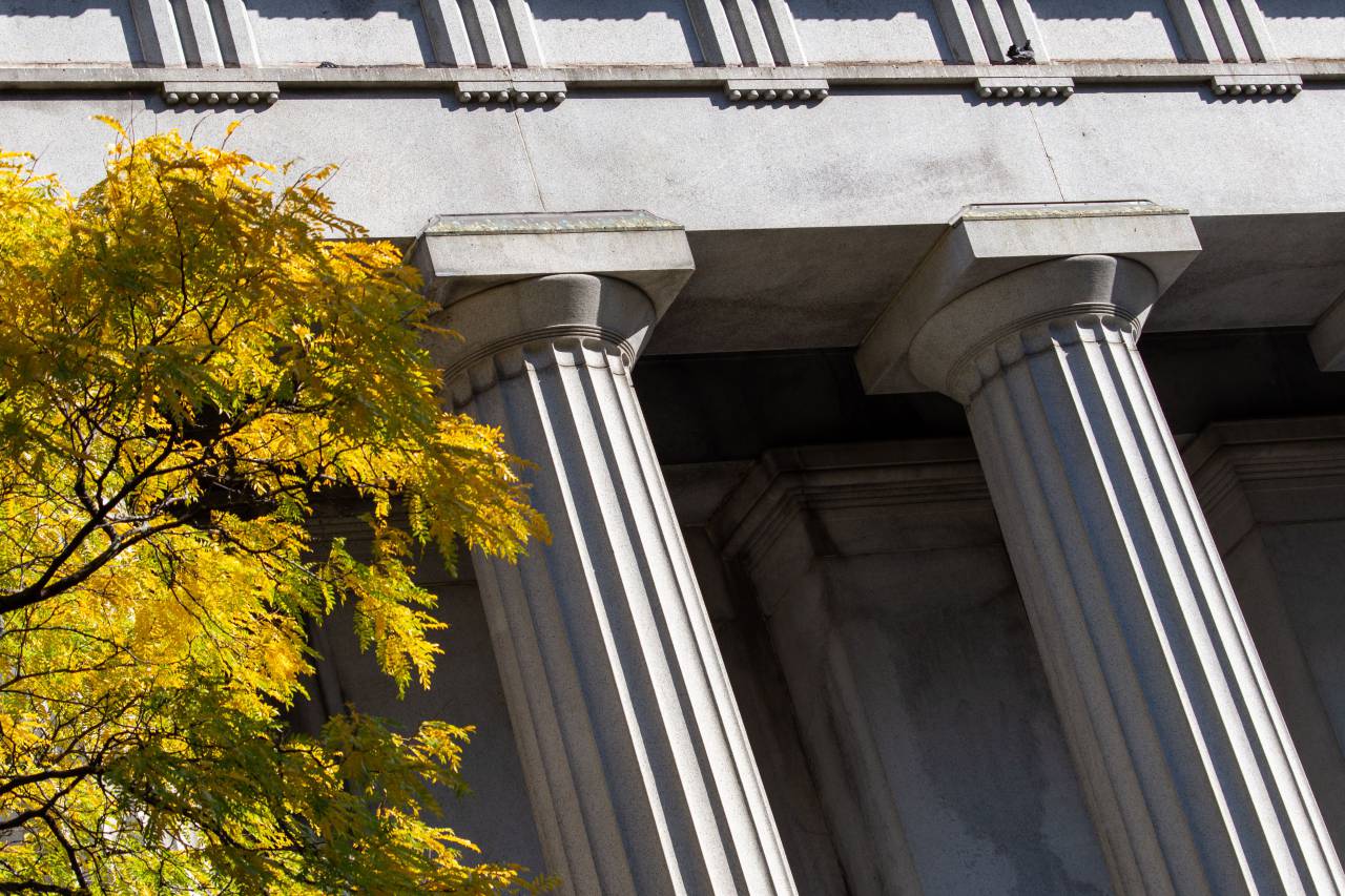 exterior, columns, city, building, structure, design, bank, business, angle, architecture, landmark, autumn, tree
, 