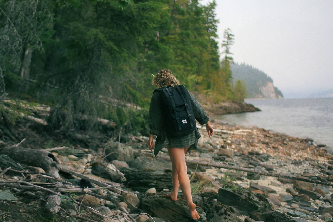 niña, excursionismo, Trekking, para caminar, mochila, mujer, gente, madera, Troncos, costa, lago, agua, Árboles, bosque, bosque, naturaleza, aventura, aptitud, al aire libre, salud,