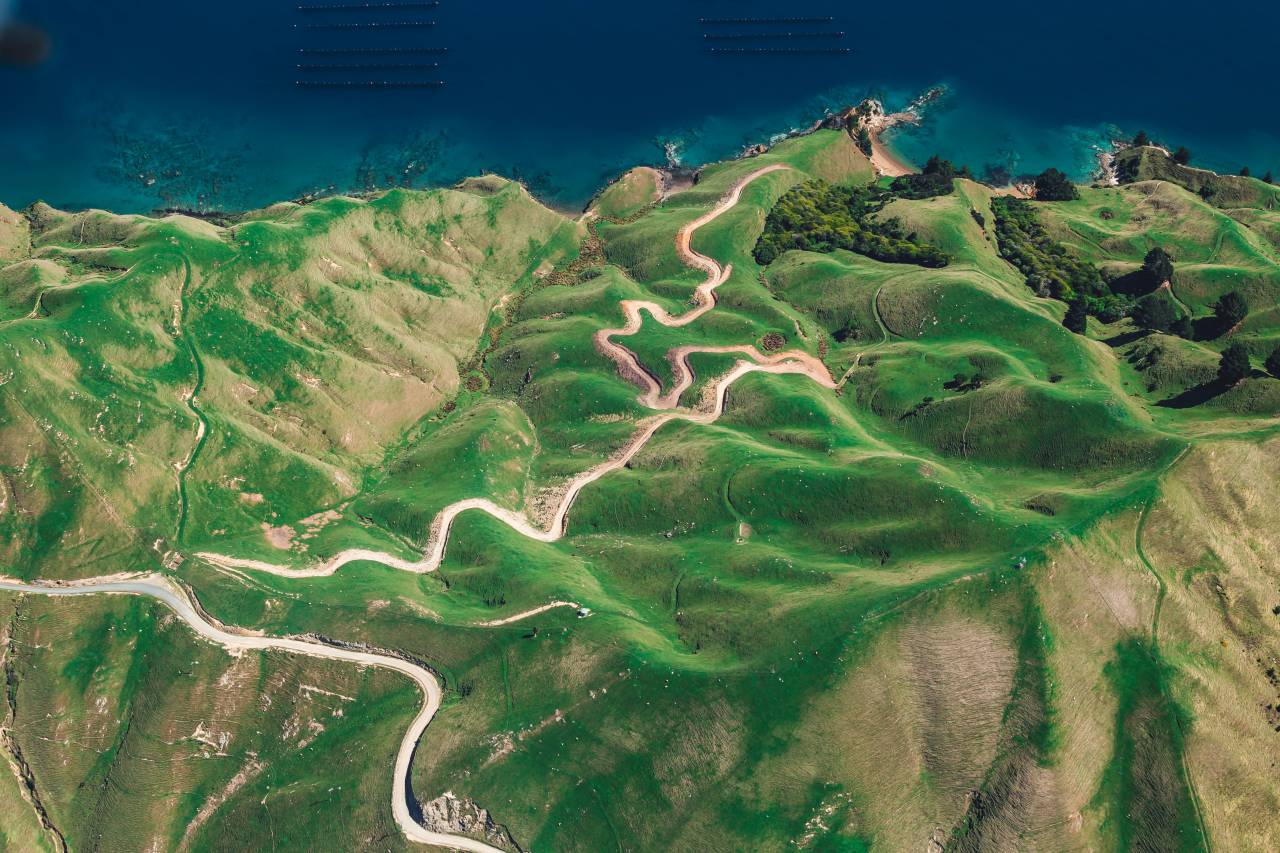 green, grass, highland, landscape, mountain, path, road, sea, ocean, water, nature, aerial, view
, 