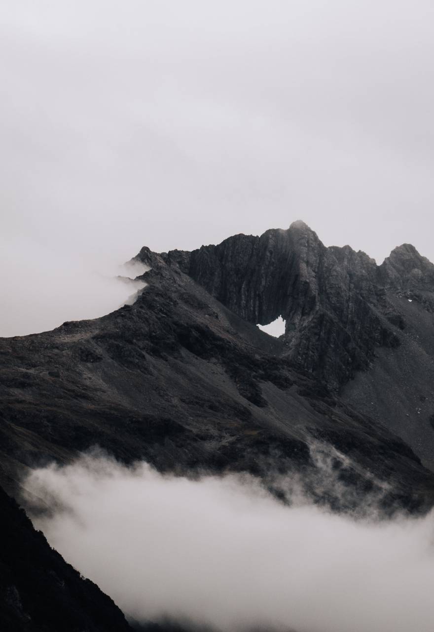misty, mountain, clouds, peak, dark, rocky, landscape, sky, view, fog, scenic, nature, monochromatic, outdoors, travel
, 