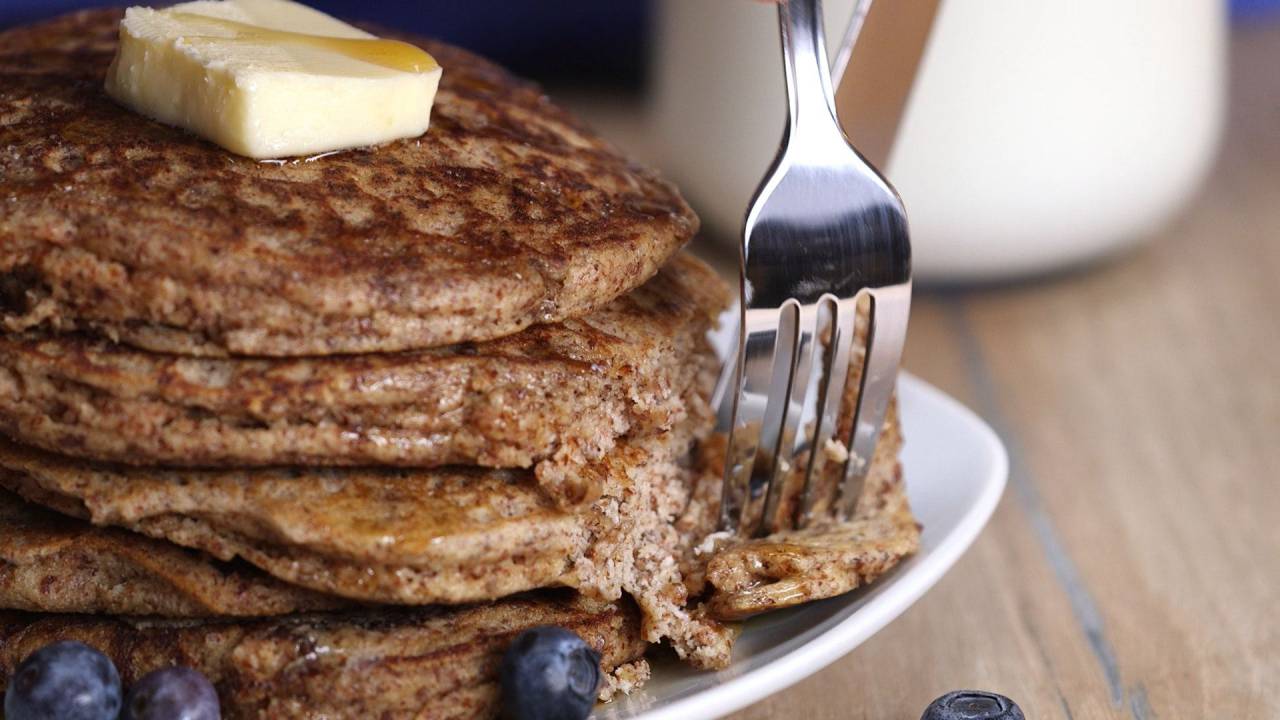 morning, breakfast, pancakes, butter, stack, food, eat, fork, blueberries, fruit, snack
, 