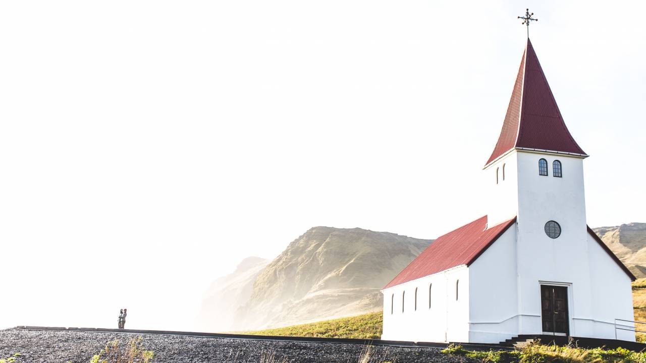 Montaña, Highland, paisaje, césped, cielo, edificio, estructura, iglesia,