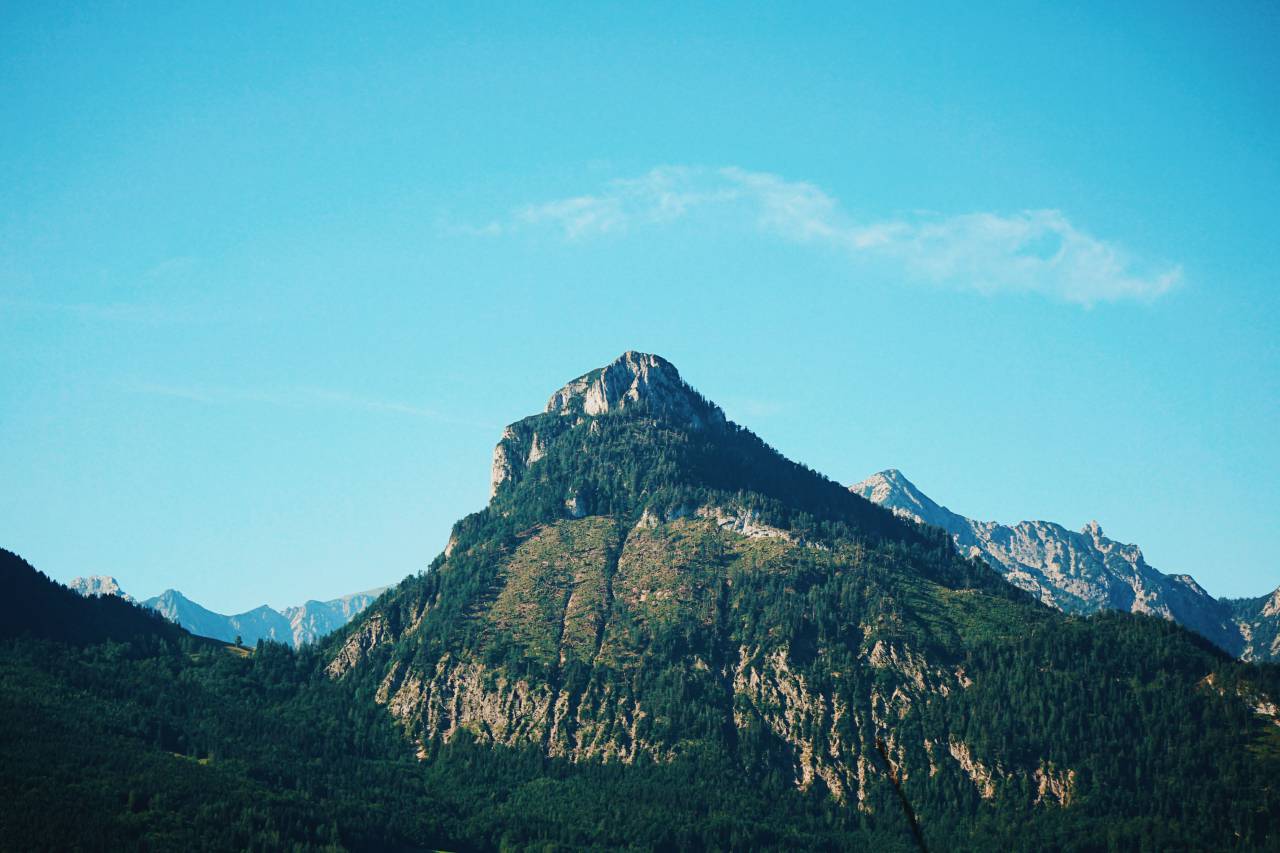 nature, landscape, mountains, summit, peaks, slope, lush, vegetation, trees, rocks, sky, clouds, blue, green
, 