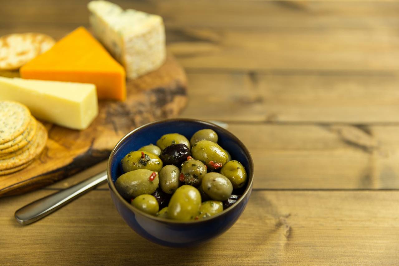 olives, cheese, crackers, table, wood, spoon, bowl, food, snack
, 