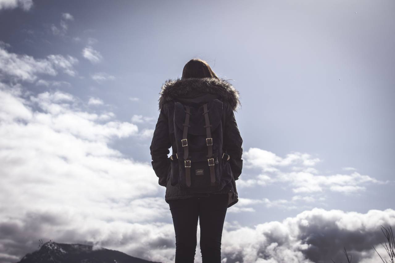 Gente, mujer, viajes, bolsa, aventura, solo, montaña, cielo, nubes,