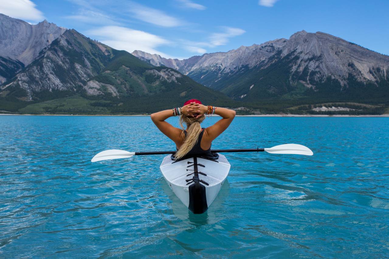 sea, ocean, blue, water, boat, paddle, people, girl, woman, female, relax, adventure, travel, mountain, landscape, sky, cloud, nature
, 