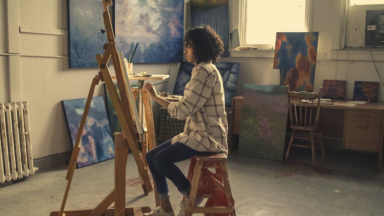 estudio, mujer, artista, pintor, artesanía, pintar, cepillo, art, hermosa, dibujo, ocio, pintura, persona, recreación, hembra, niña, caballete, color,