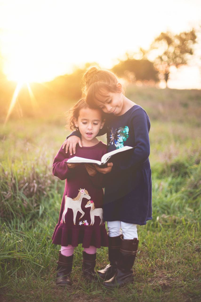 luz del sol, sol, puesta de sol, amanecer, soleado, césped, árbol, naturaleza, niños, niñas, personas, niños, lectura, libro, Biblia, cielo,