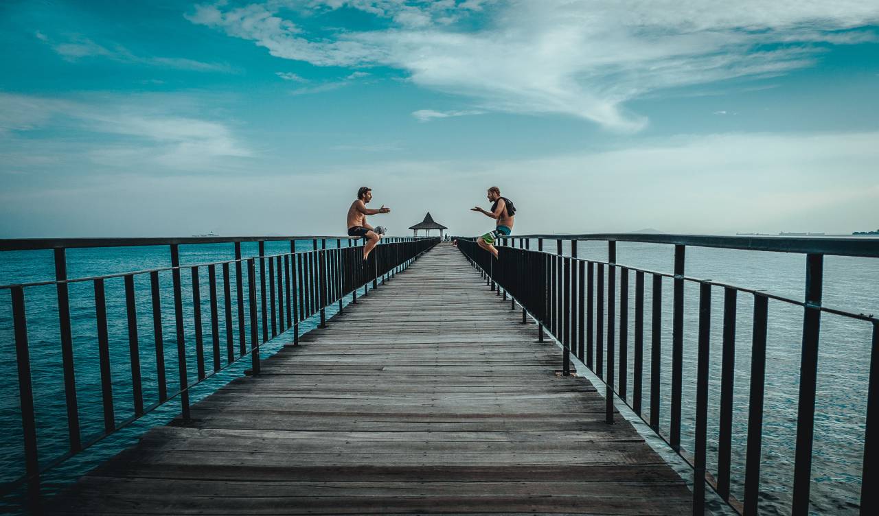 travel, discuss, pier, water, sea, adventure, people, man, beard, boardwalk, blue, sky, clouds
, 