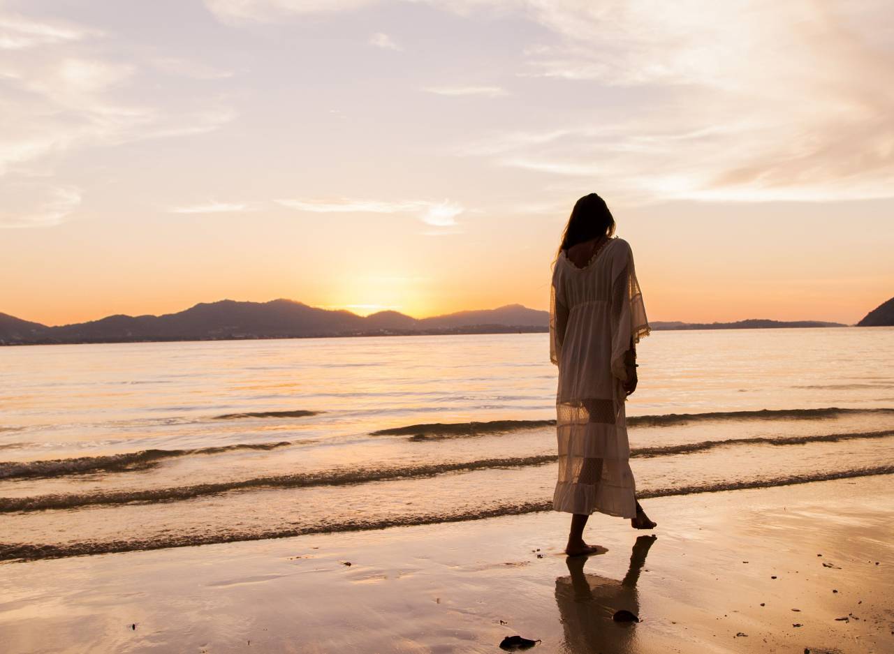 woman, beach, walk, dress, long, sunset, sounrise, sun, sky, sea, waves, ocean, sand, people, travel, landscape
, 