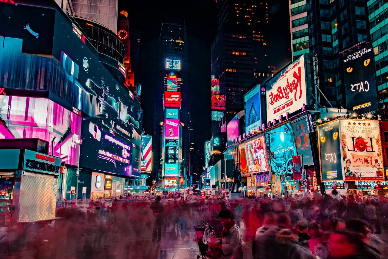 architecture, buildings, infrastructure, blue, sky, dark, night, lights, city, skyline, skyscraper, tower, people, crowd, blur, billboard
, 