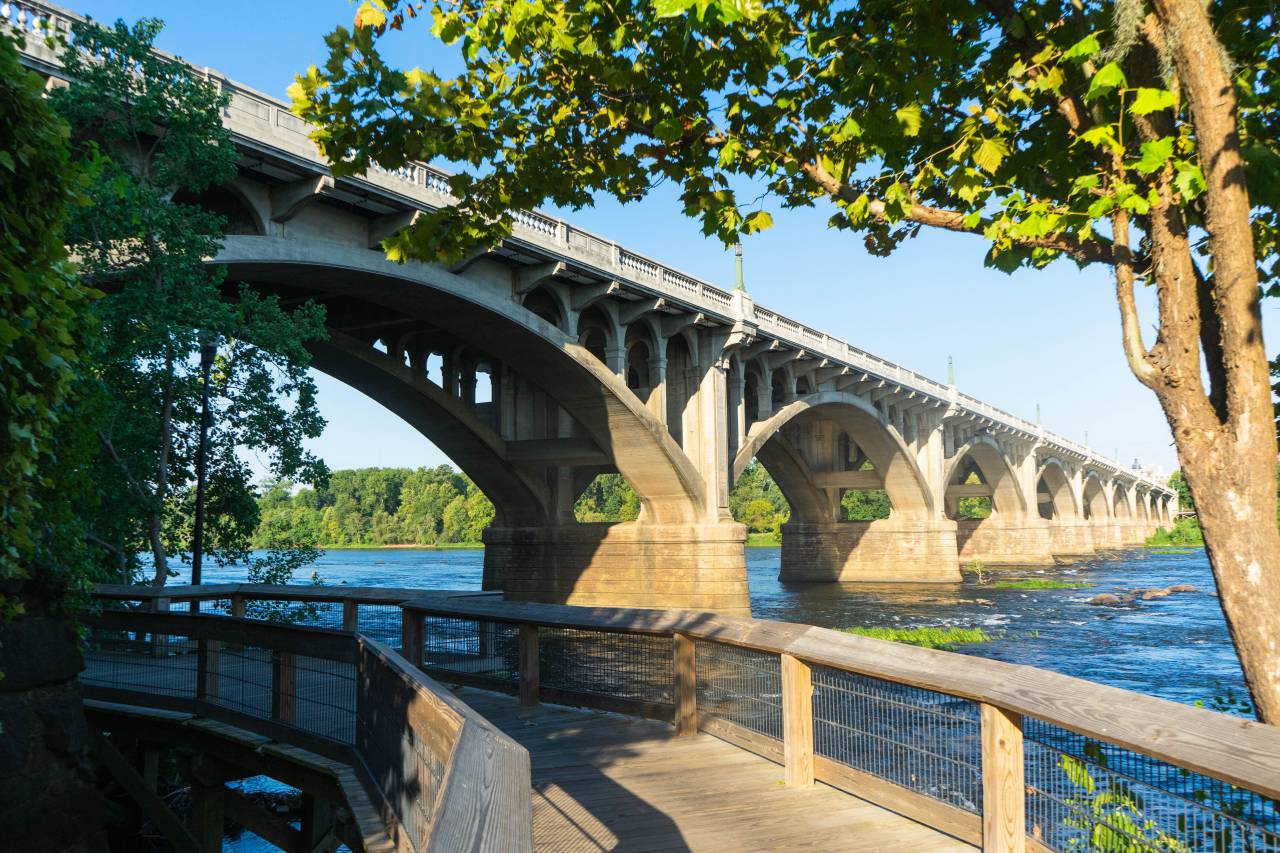 bridge, river, city, water, view, walk, path, trees, park, sky, travel, vacation, scenic, outdoor
, 