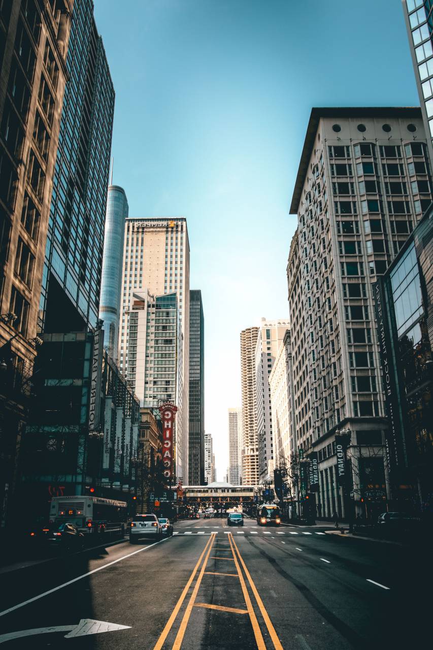chicago, architecture, building, infrastructure, sky, skyscraper, tower, skyline, city, urban, road, lane, car, travel, transportation
, 
