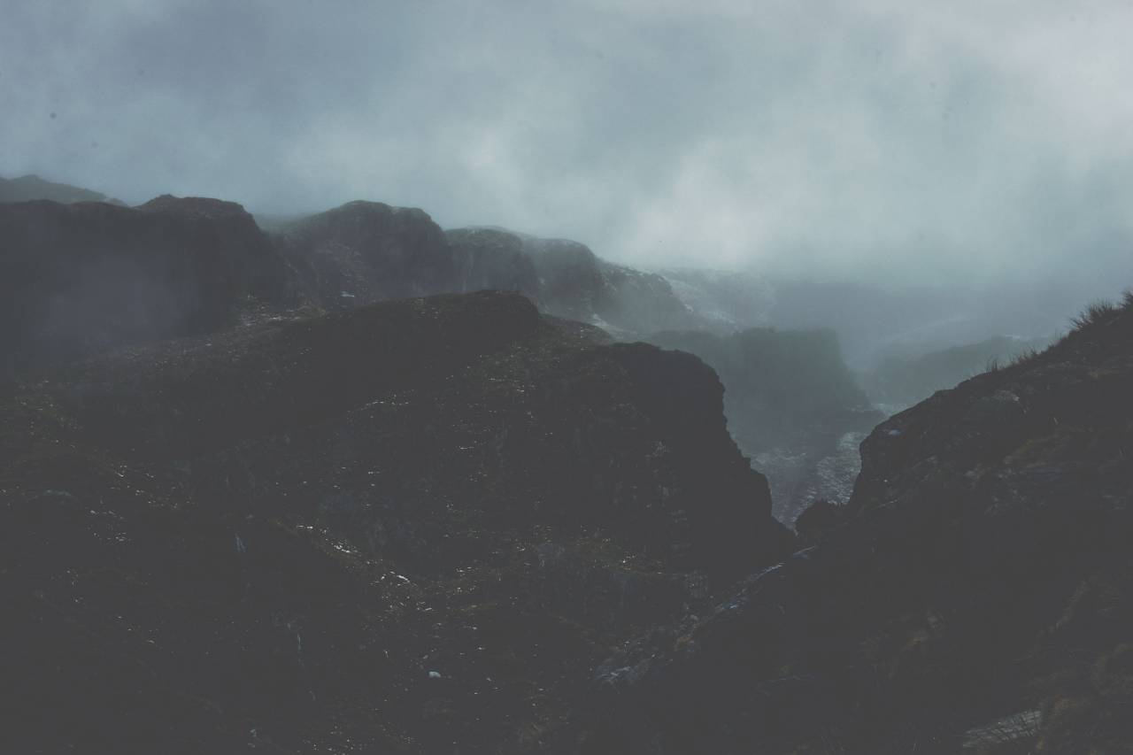 mountain, landscape, sky, clouds, fog, plant, tree, grass, nature, forest, outdoor, dark, night
, 