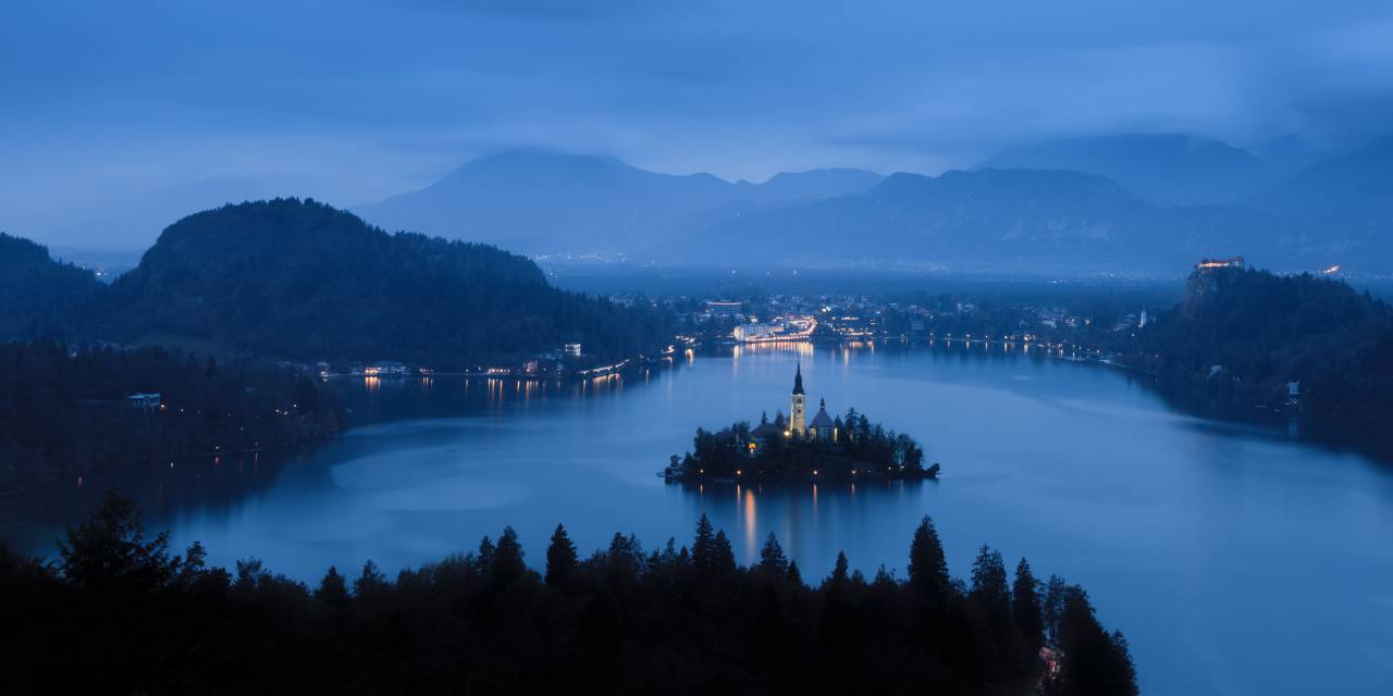 mountain, trees, cloudy, sky, forest, island, water, lake, nature, building, tower, road, lights, dark, reflection
, 