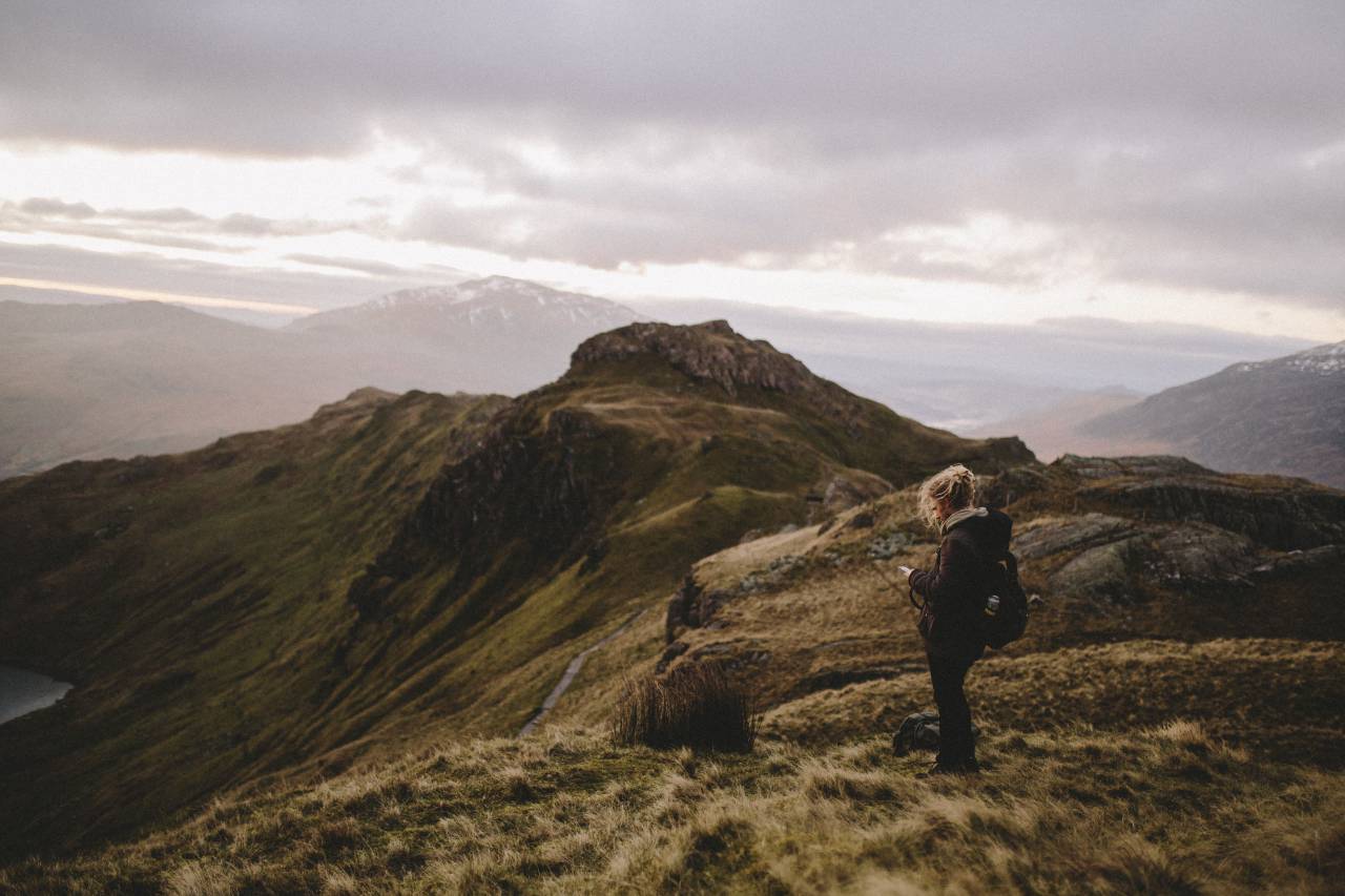 people, woman, travel, adventure, mountain, hike, climb, trek, grass, plant, peak, summit, clouds, sky
, 