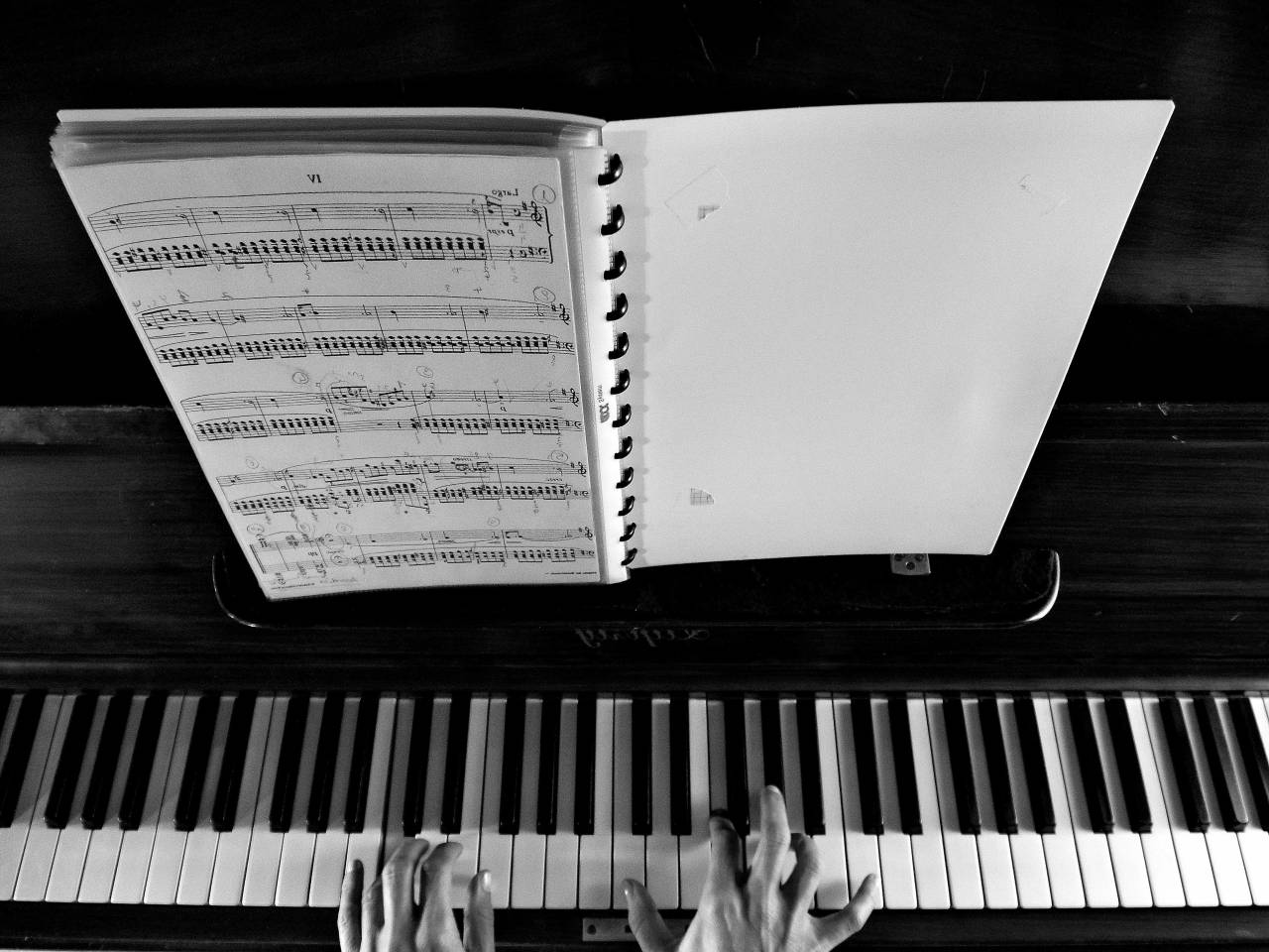 piano, música, instrumento, músico, manos, notas, clave, en blanco y negro,
