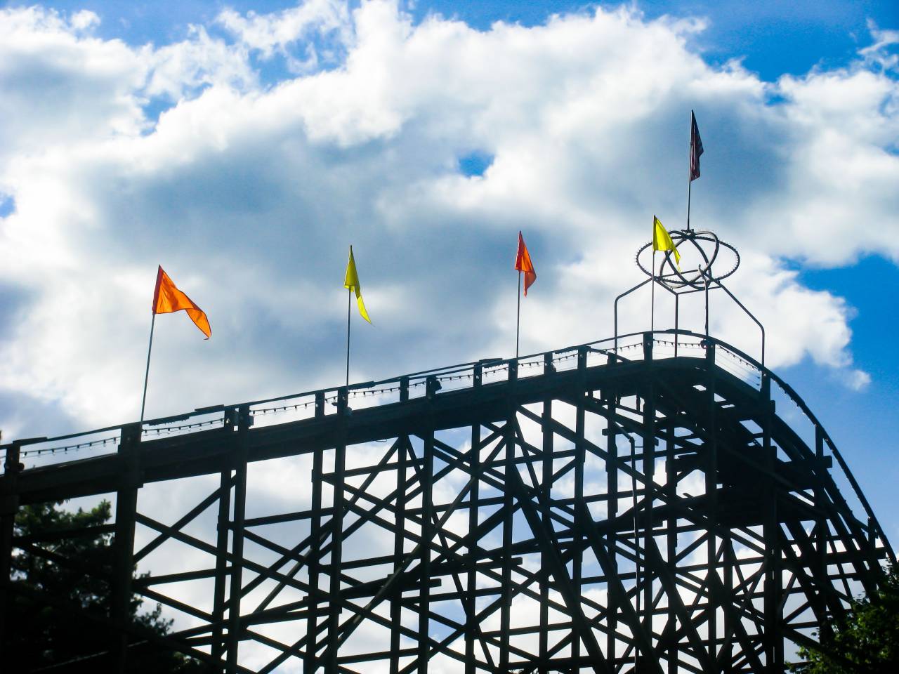 rollercoaster, amusement park, fun, ride, flags, sky, clouds, sunshine, silhouette, shadow
, 