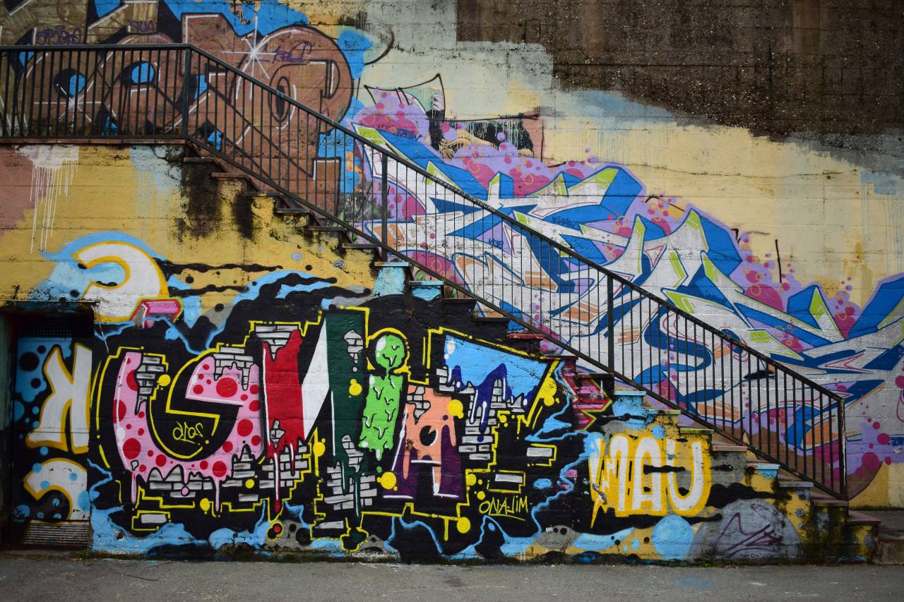 Calle, arte, graffiti, pintura, pared, edificio, establecimiento, escaleras, vándalo,