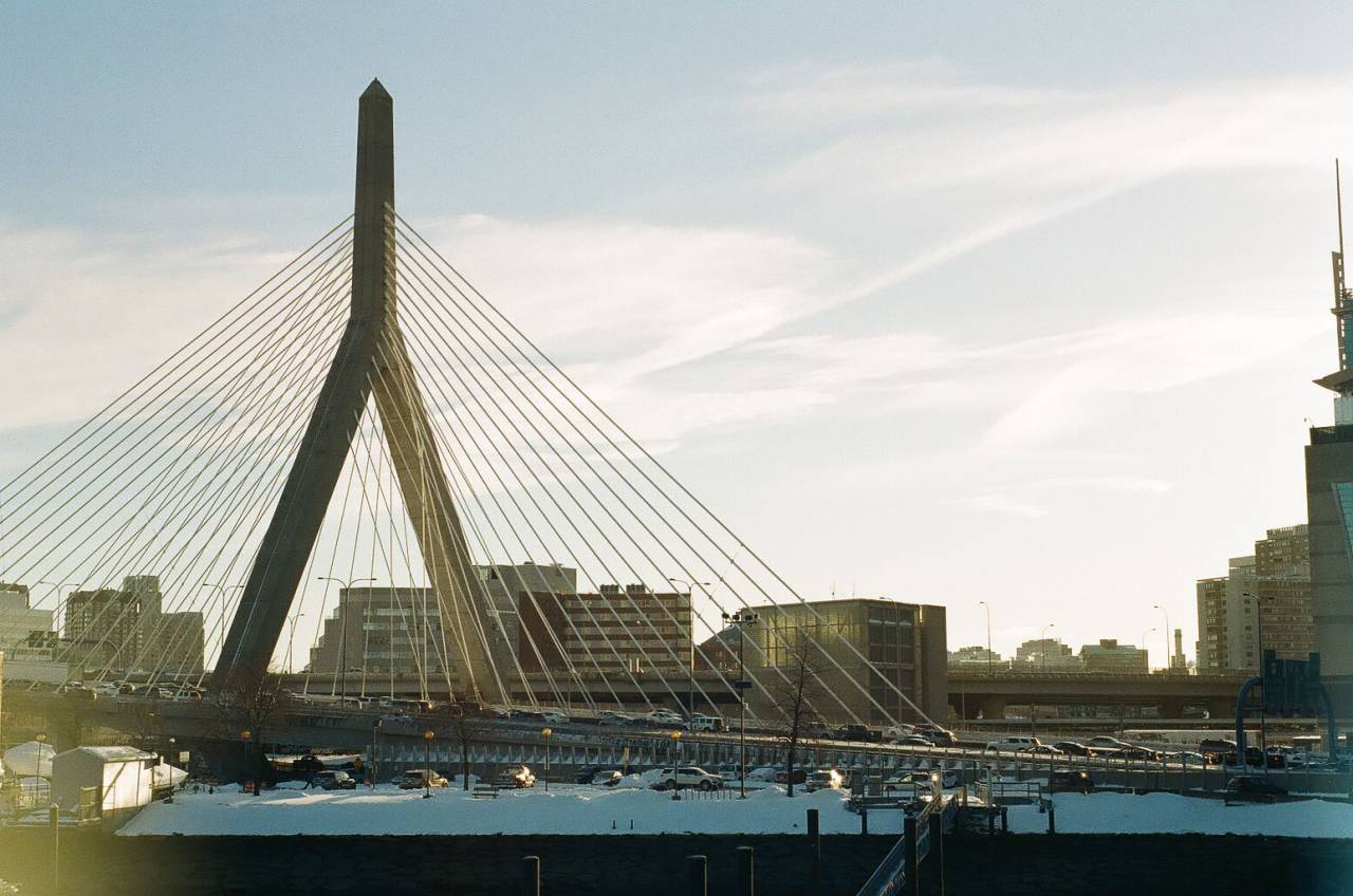 bridge, city, architecture, structure, modern, cable, lines, tower, sky, clouds, design, travel, street, flare, winter, cars, traffic
, 