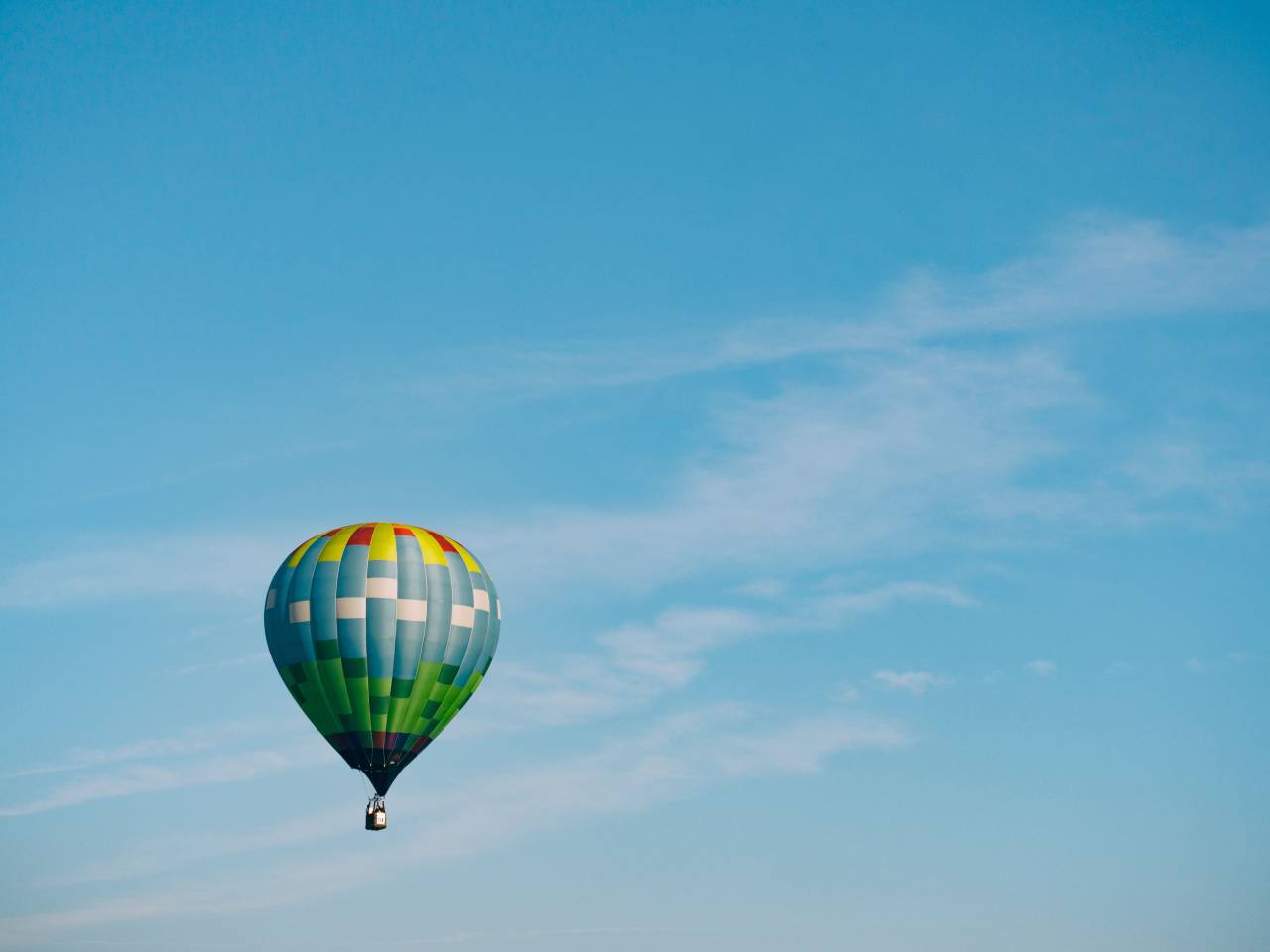 Globo de aire caliente, azul, cielo, nube,