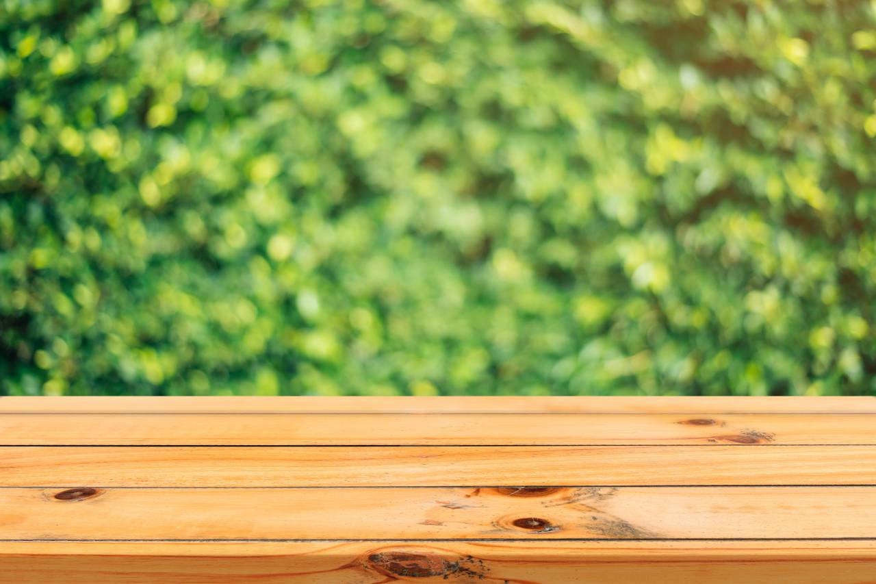 Madera, madera, mesa, exterior, bokeh, desenfoque, verde