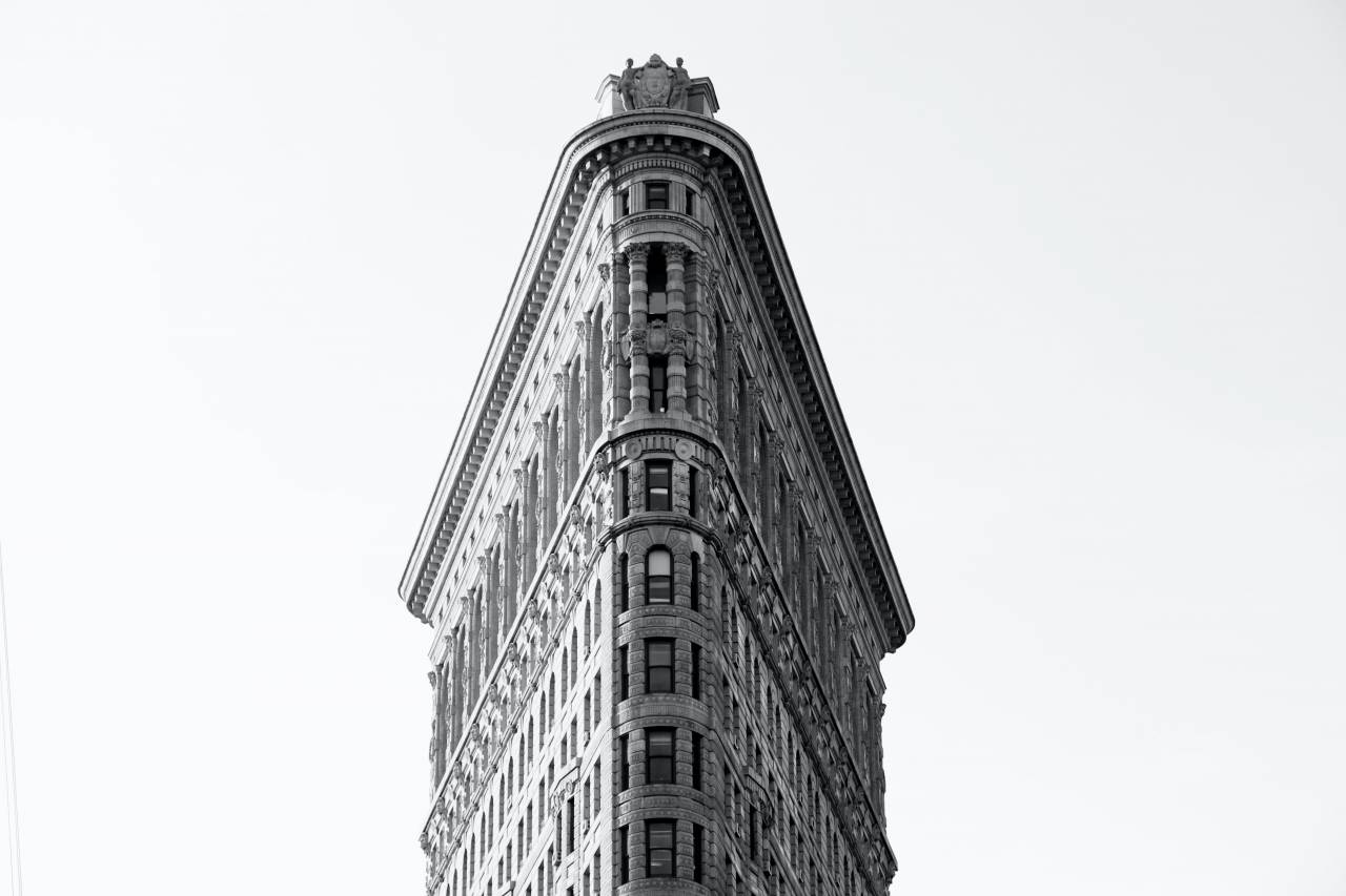 Flatiron, Nueva York, Edificio, Centro de la ciudad, Arquitectura, Rascacielos, Punto de referencia, Paisaje urbano, Histórico, Urbano, Manhattan, Icónico, Rascacielos, Estructura, Blanco y negro, 
