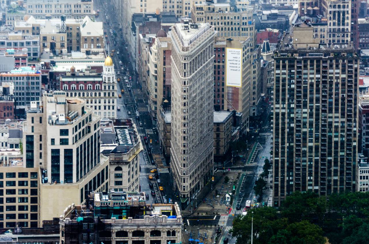 Flatiron, Nueva York, Edificio, Centro de la ciudad, Arquitectura, Rascacielos, Punto de referencia, Paisaje urbano, Histórico, Urbano, Manhattan, Icónico, Rascacielos, Estructura, Vista aérea, 