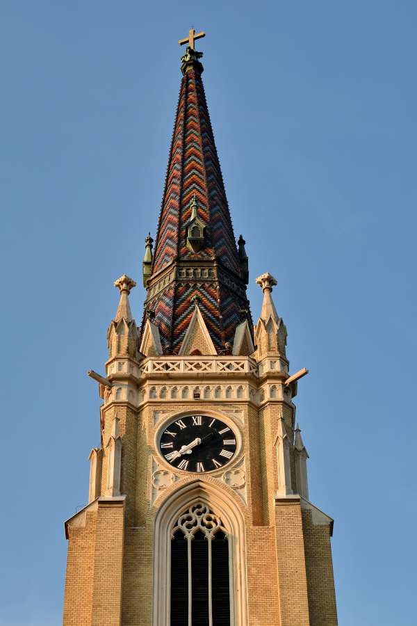 bricks, church tower, cross, landmark, roof 