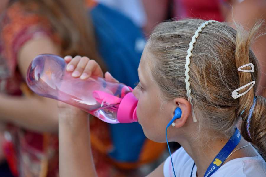 bottled water, child, crowd, drinking water 