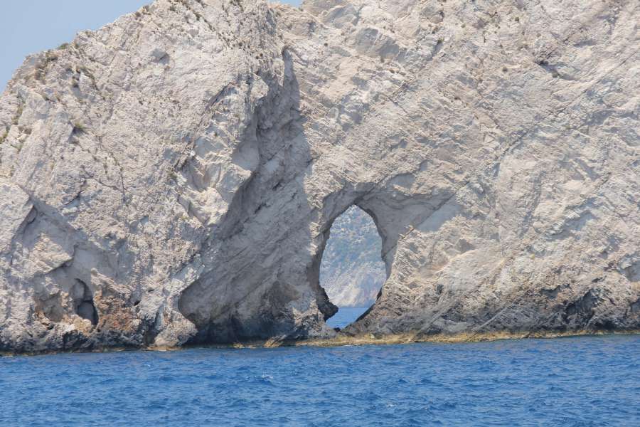 formación, agujero, acantilado, costa, agua