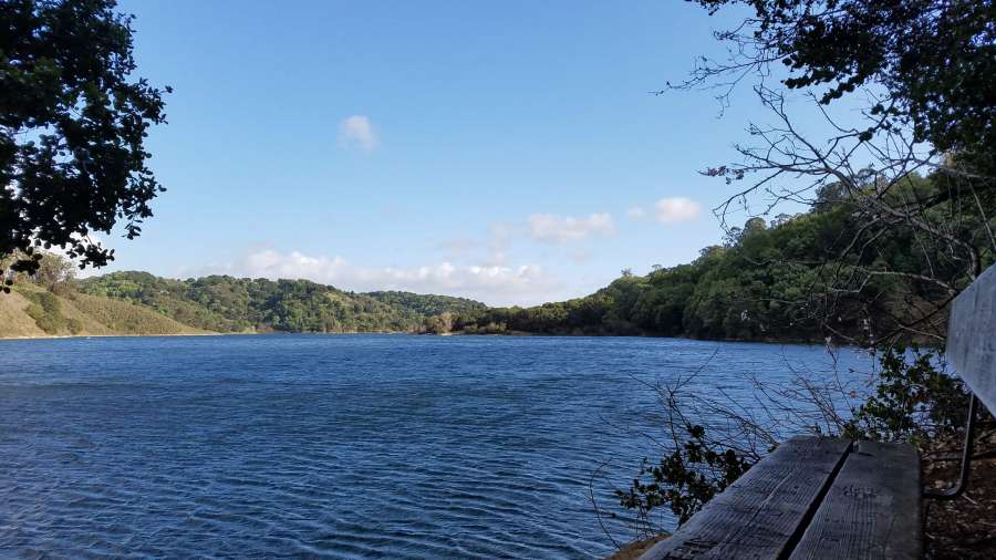 bench, calm, lake, surface, water, ?landscape? 