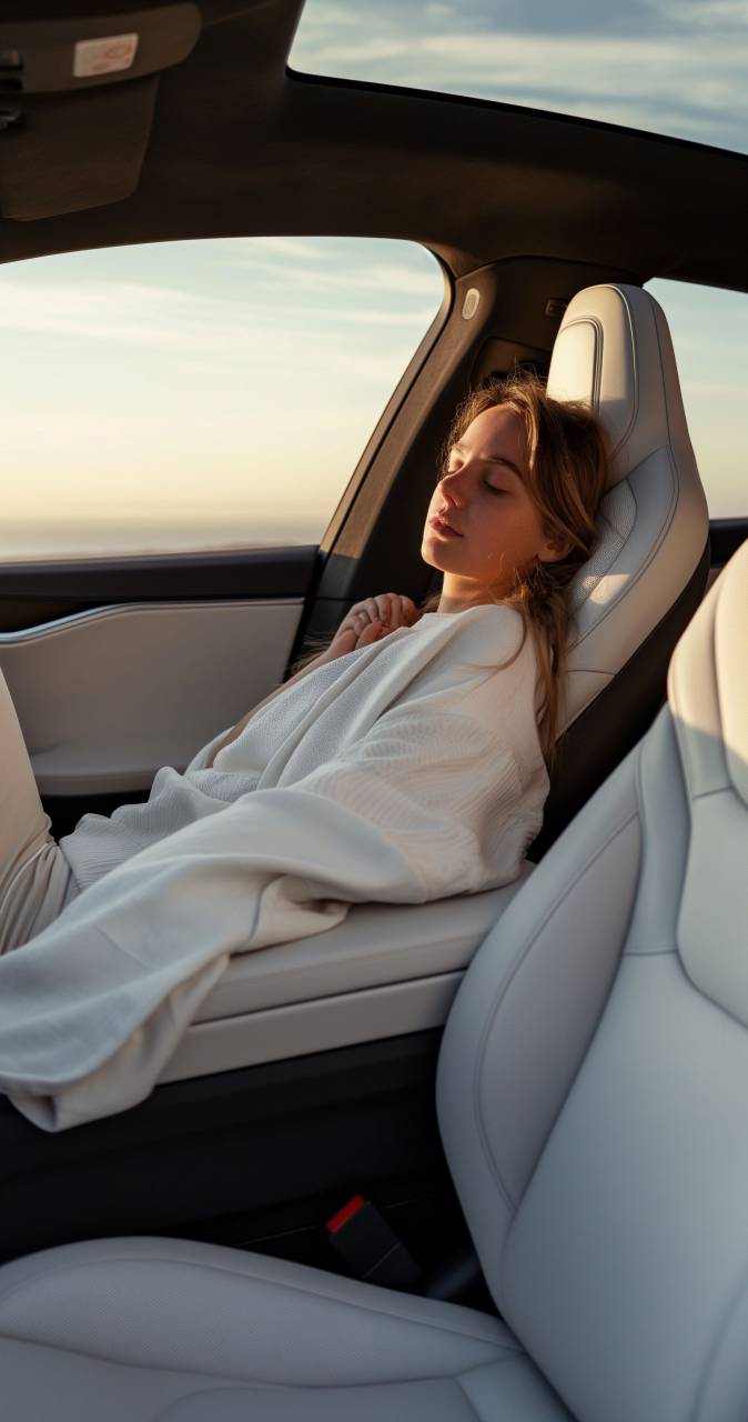 sleeping, woman, self-driving, car, futuristic, autonomous, technology, comfort, relaxation, innovation, travel, transportation, safety, modern, vehicle, nap, AI, 