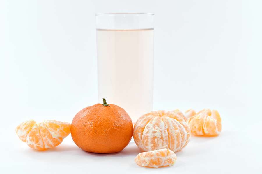 flan de frutas, zumo de frutas, mandarina, dulce