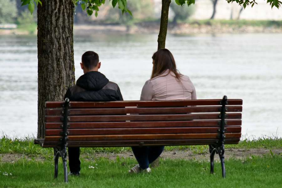 bench, boyfriend, girlfriend, riverbank 